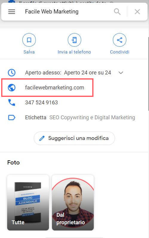 Google My Business link sito web aziendale Facile Web Marketing Nicola Onida SEO copywriter